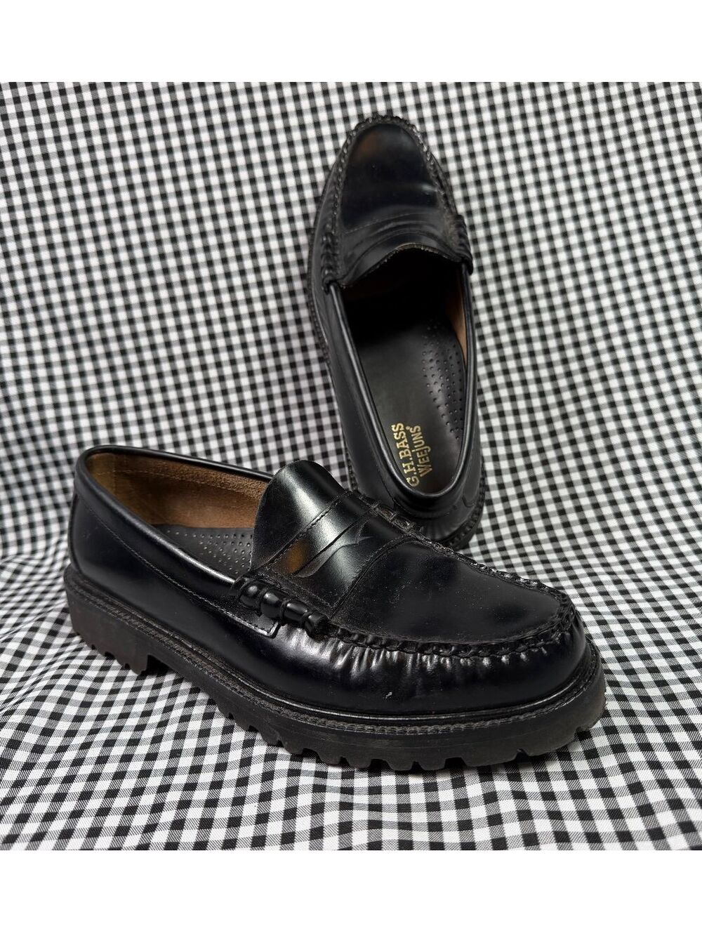 G.H. Bass Weejuns Larson Lug Men’s 8.5 Black Leather Penny Loafers Lug Sole
